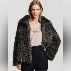 TRINA TURK Size Medium Fluffy faux fur jacket, upturned collar, clamp closures